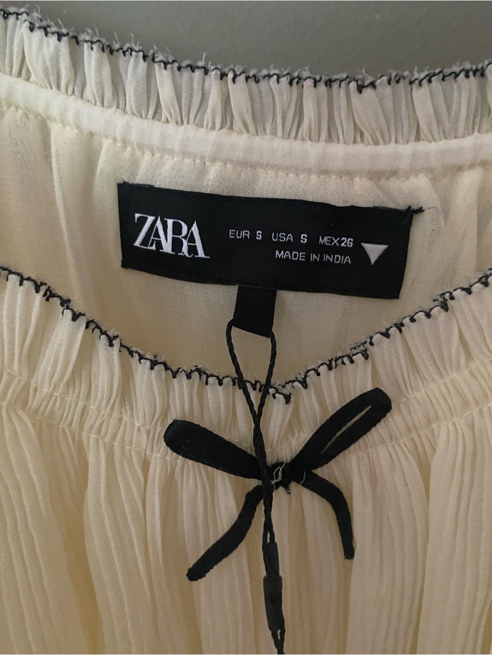 NWT ZARA Cream Ruched Babydoll Mini Dress Black Bow Cami Coquette Romantic Small - Picture 6 of 7